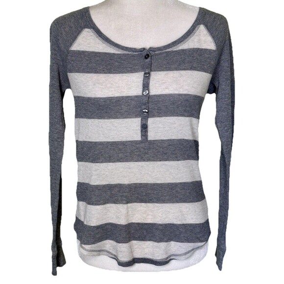 So Women Striped Henley Top Minimalist Thermal Waffle Knit Casual Layering Top L - Picture 1 of 6